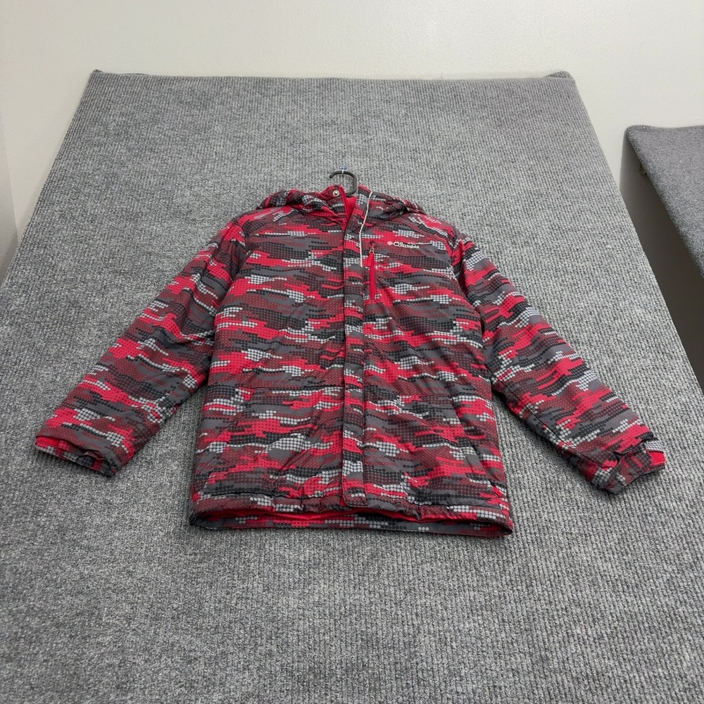 Columbia Jacket Mens L Red Nylon Camo Puffer Hooded Winter Gorpcore Streetwear